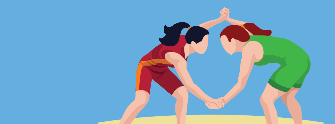 Illustration of two female wrestlers on a blue background